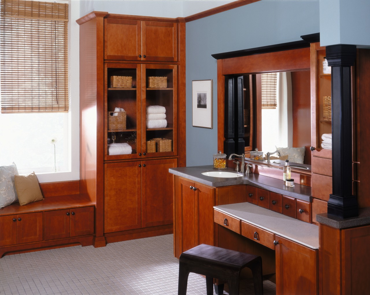 A view of these Luxury Bathrooms featuring stained cabinetry, countertop, cuisine classique, furniture, interior design, kitchen, room, gray, red