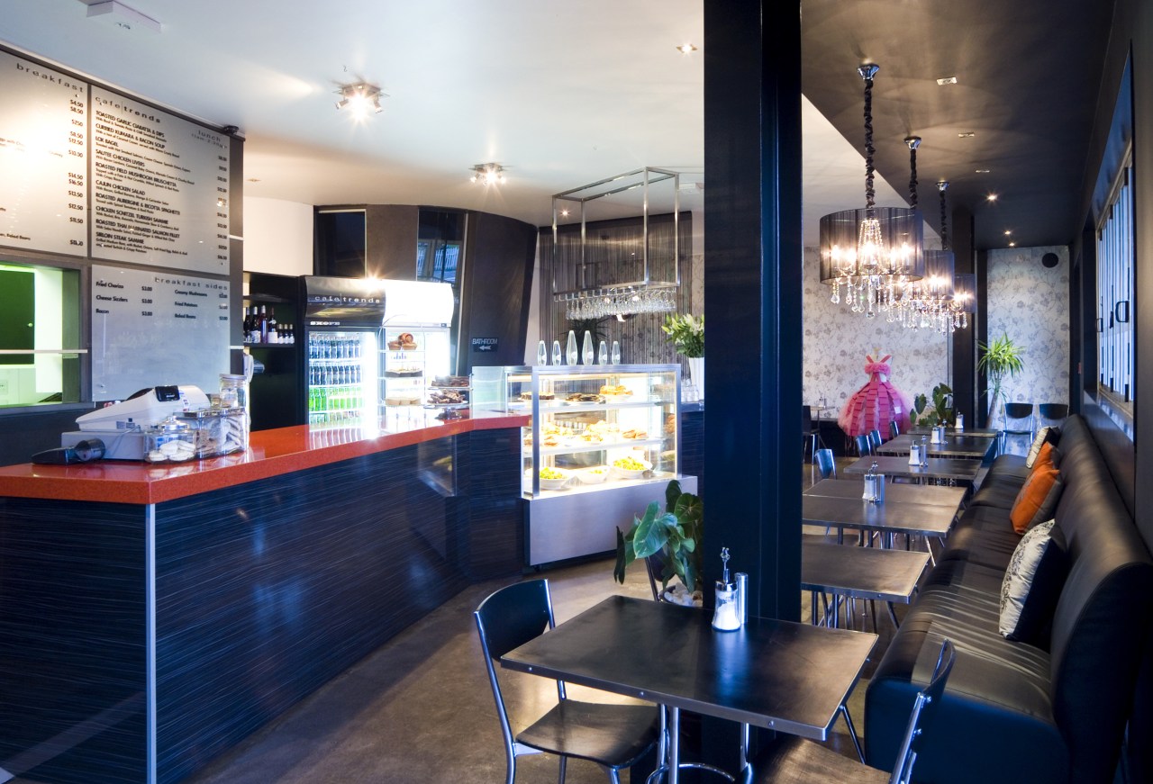 Yellowfox designed the upgrade of cafe Trends, using countertop, interior design, kitchen, restaurant, blue