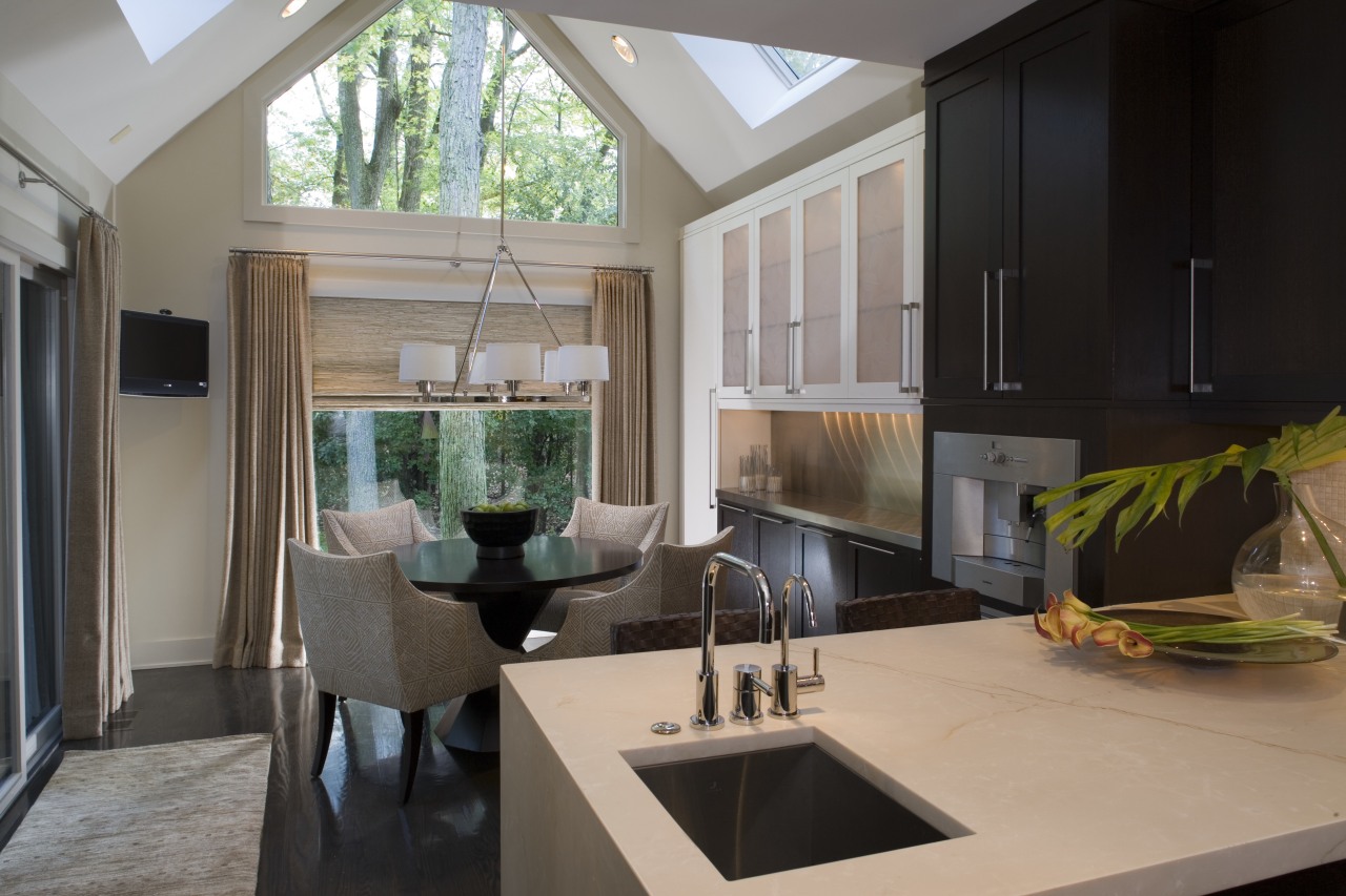 View of a renovated kitchen and dining area architecture, countertop, home, house, interior design, kitchen, real estate, room, window, gray, black