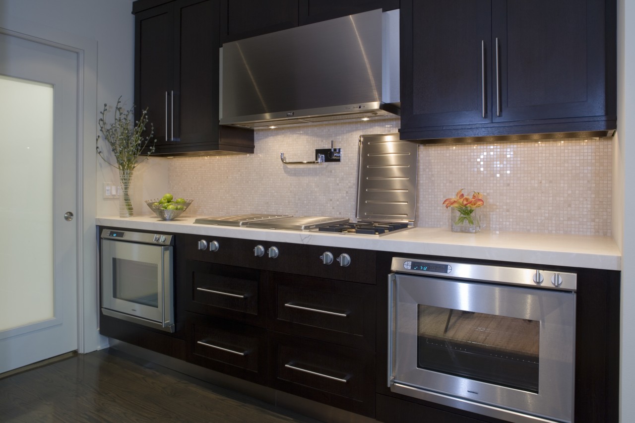 View of a renovated kitchen and dining area cabinetry, countertop, cuisine classique, home appliance, interior design, kitchen, kitchen appliance, kitchen stove, major appliance, microwave oven, oven, room, black, gray