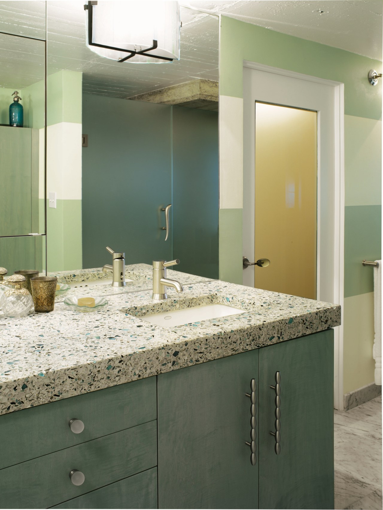 A view of some vanities from vetrazzo. bathroom, countertop, floor, glass, home, interior design, room, sink, tile, wall