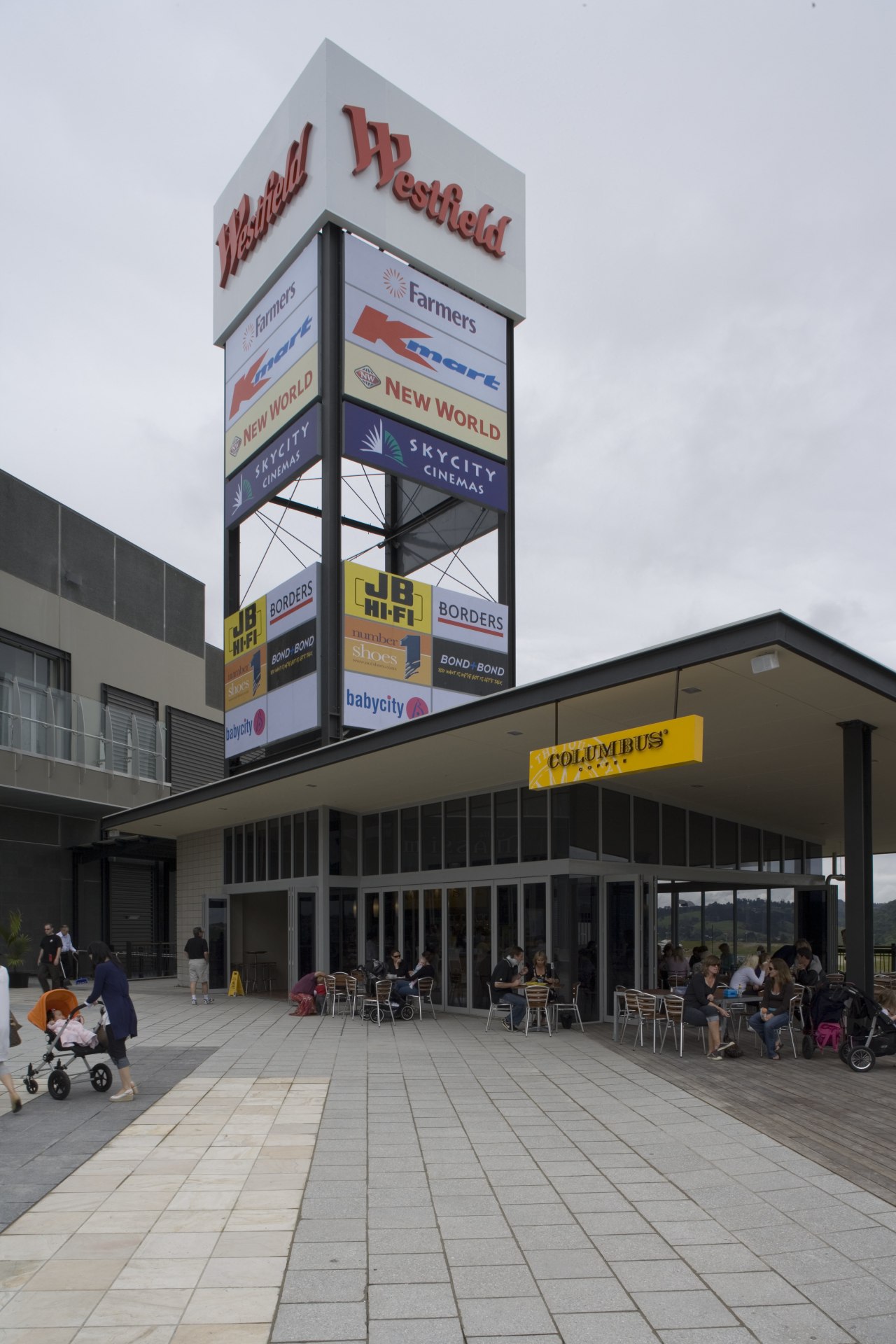 Westfield Albany's north entry sign, standing 22m high building, commercial building, corporate headquarters, mixed use, white, gray