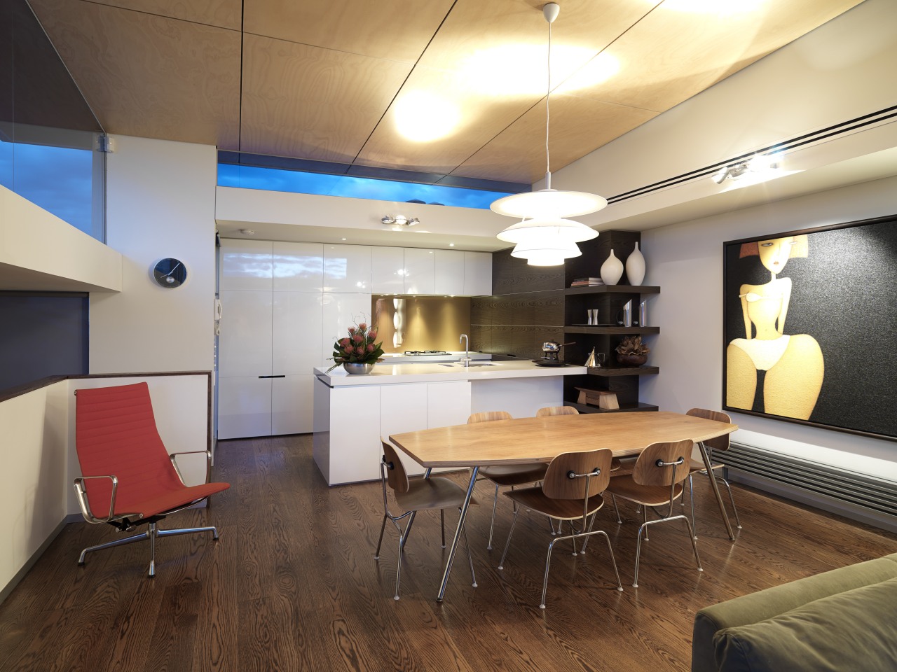 View of kitchen designed by Nicholas Murray featuring ceiling, interior design, loft, real estate, room, table, brown