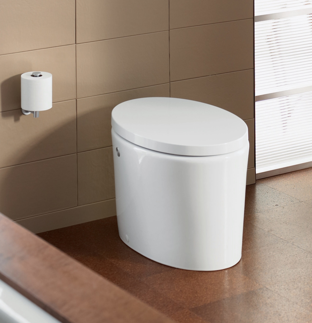 View of batheoom wear from Kohler angle, bathroom accessory, bathroom sink, ceramic, furniture, plumbing fixture, product, product design, tap, toilet, toilet seat, brown