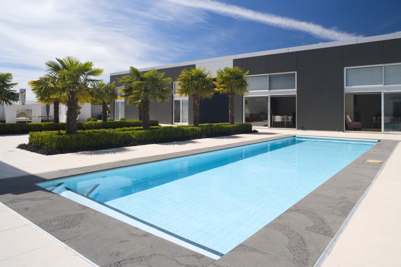 An exterior view of the pool area, pavers, area, estate, home, house, leisure, property, real estate, residential area, resort, swimming pool, villa, white, teal