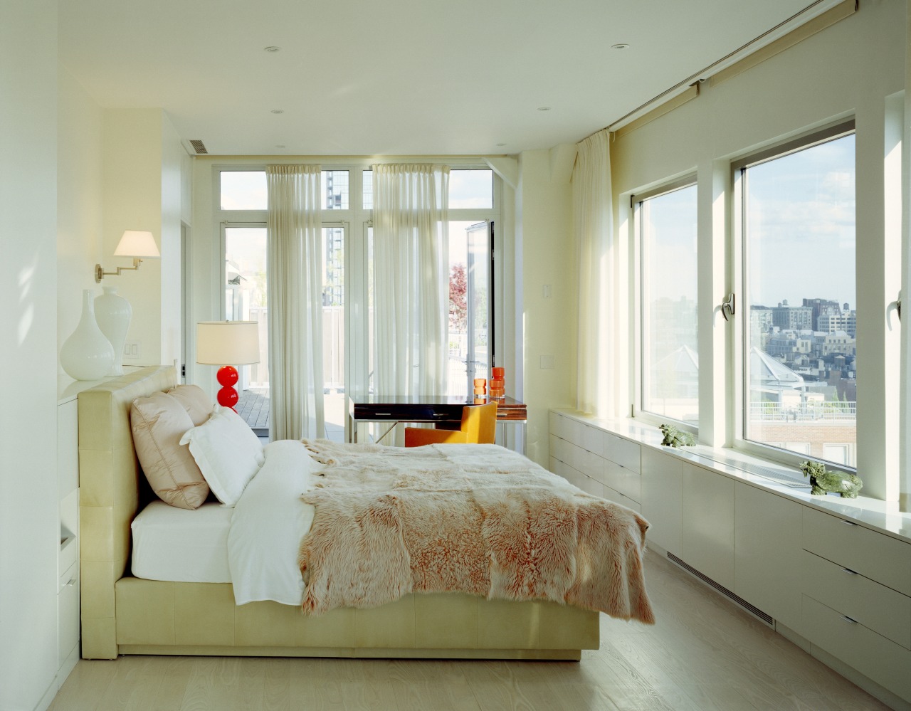 View of the master bedroom, light wood floors, bed, bed frame, bedroom, ceiling, home, interior design, real estate, room, suite, window, window covering, window treatment, green, gray