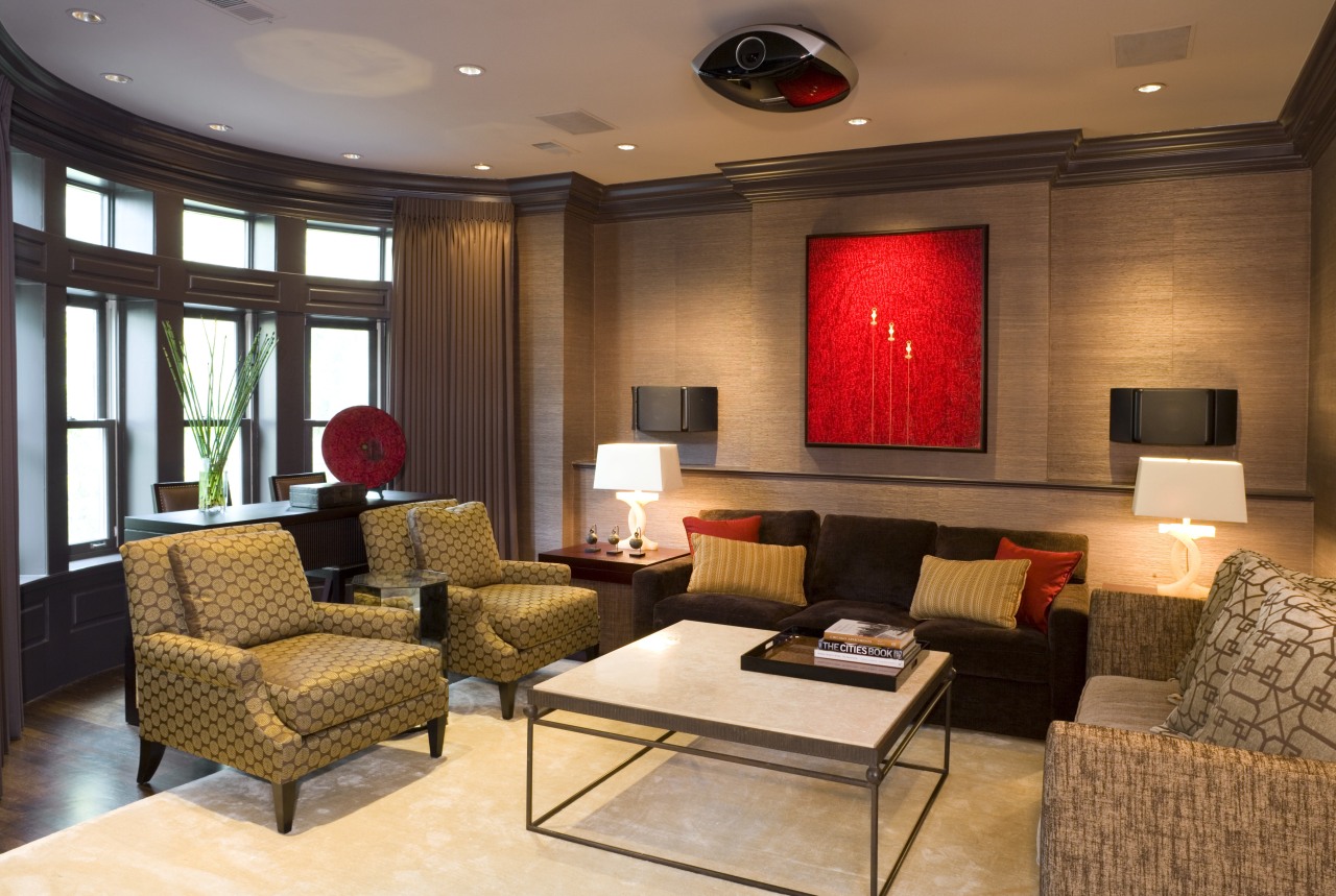 view of media room featuring brown grasscloth covering ceiling, interior design, living room, lobby, room, brown