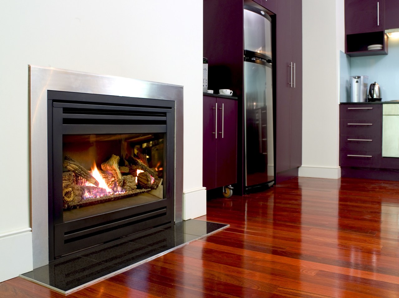 View of fire place by Heatmaster fireplace, hearth, heat, home appliance, wood burning stove, red, white