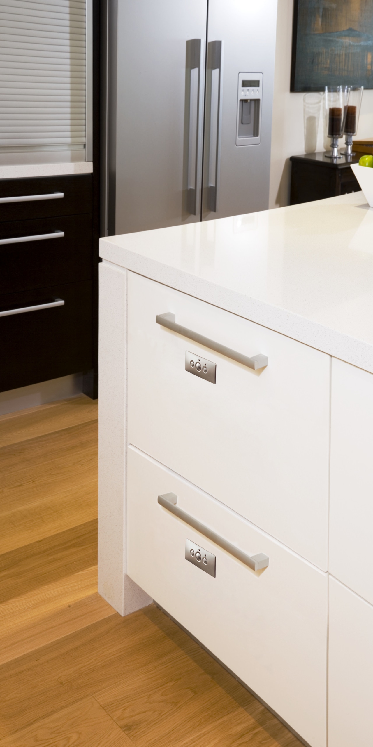 This Fisher &amp; Paykel DD605 Double DishDrawer allows cabinetry, chest of drawers, countertop, drawer, floor, furniture, hardwood, home appliance, kitchen, product, product design, sideboard, wood stain, white