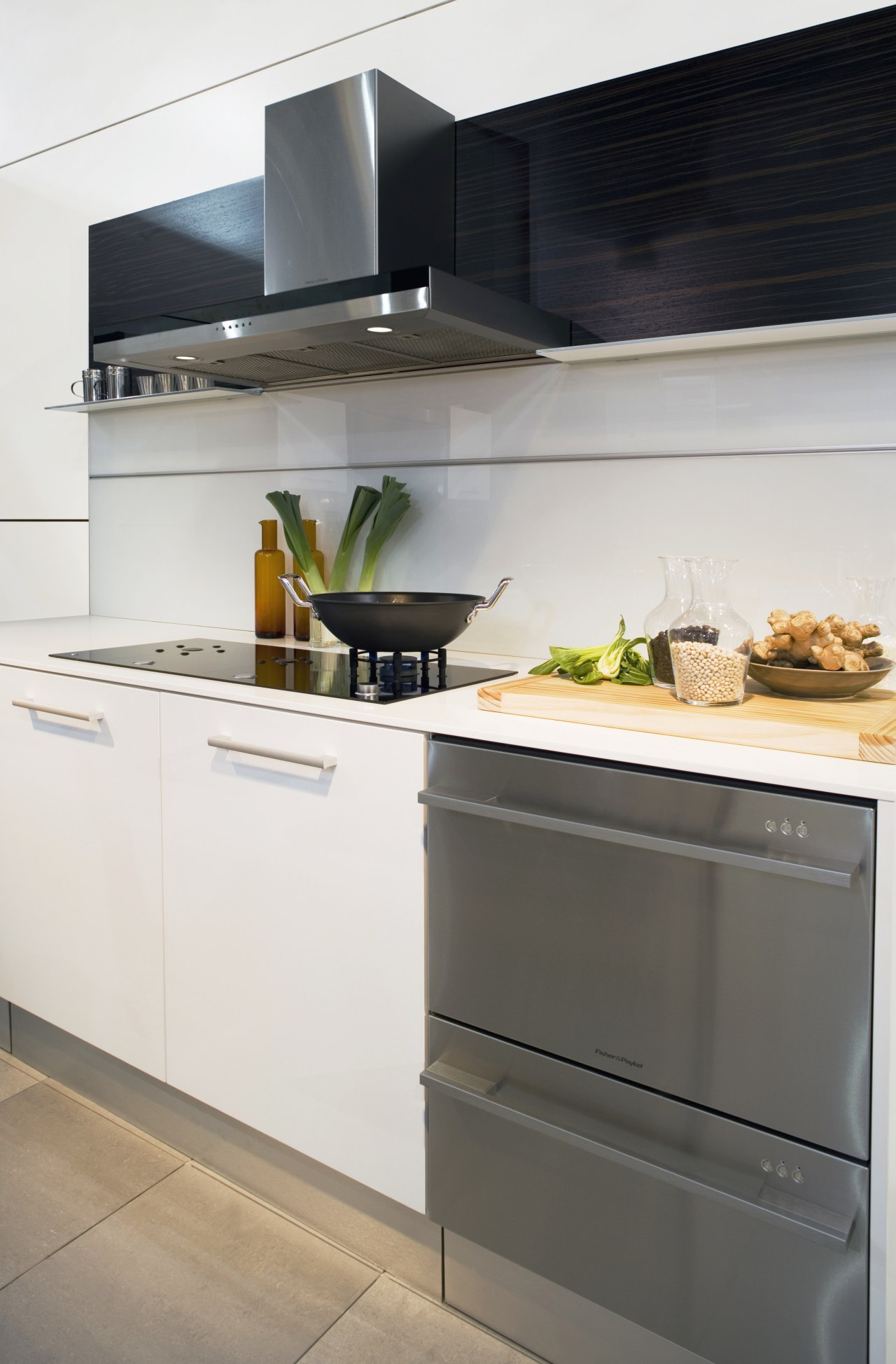 A view of some kitchen appliances from Fisher cabinetry, countertop, cuisine classique, home appliance, interior design, kitchen, kitchen appliance, kitchen stove, major appliance, oven, product design, refrigerator, white, gray