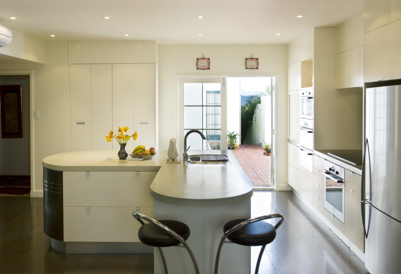 View of art deco kitchen designed by Pailine countertop, cuisine classique, home, interior design, kitchen, real estate, room, white