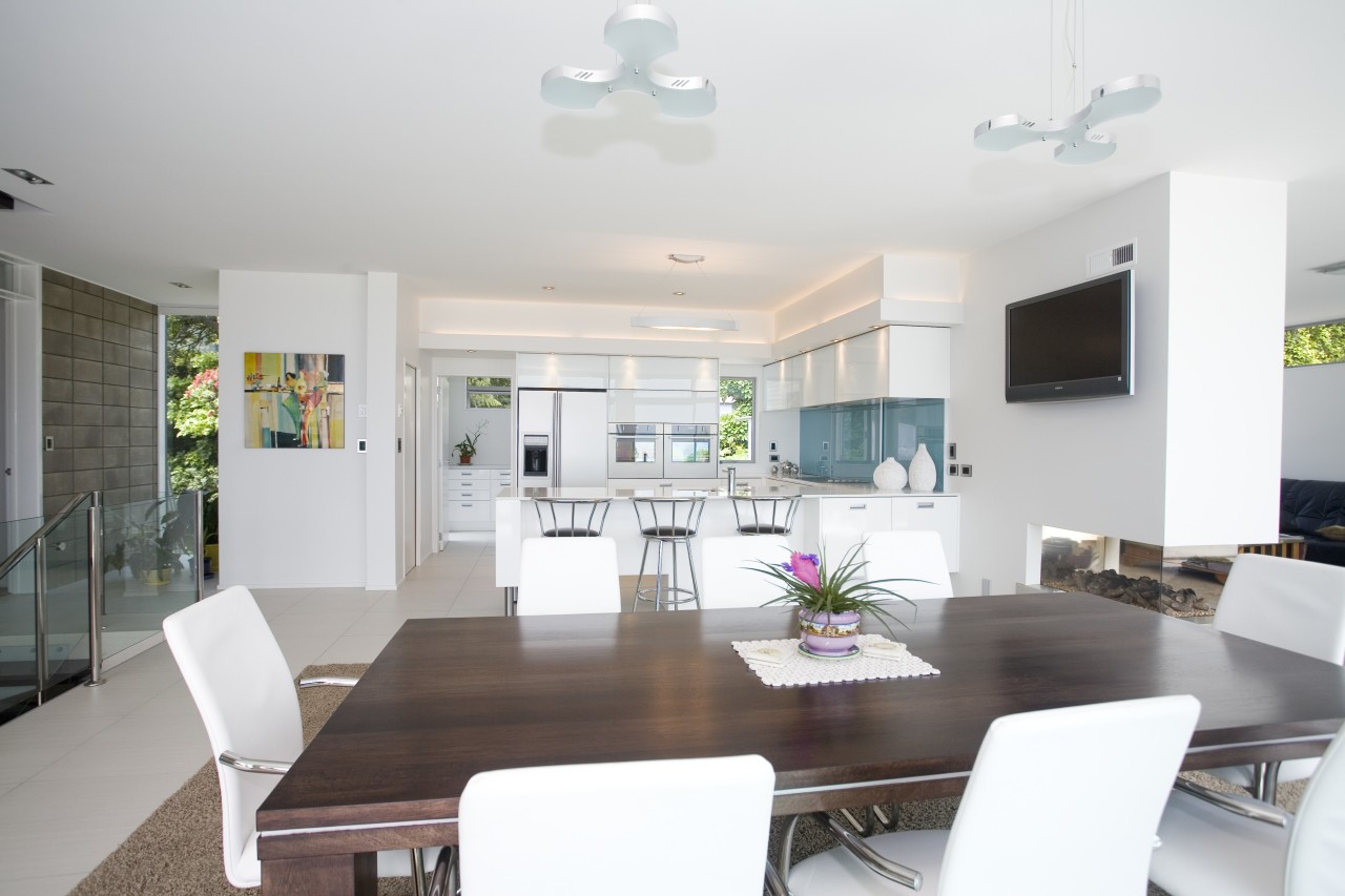 View of kitchen featuring Laminex Group products. dining room, house, interior design, living room, property, real estate, room, table, white, gray