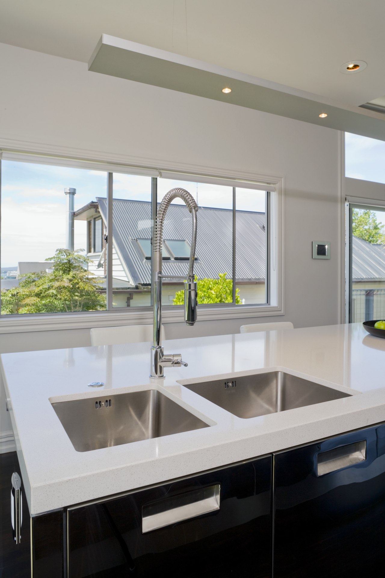 View of kitchen by John kitchenmakers. architecture, countertop, daylighting, glass, house, interior design, kitchen, sink, window, gray