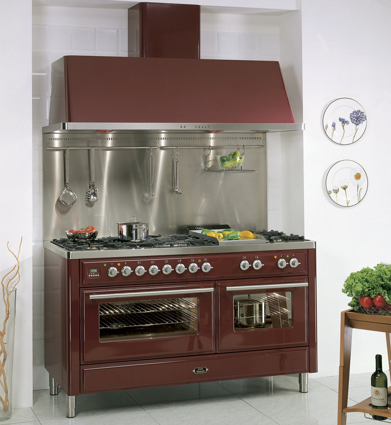 Ilve's Quadra and Nostalgie gas ovens offer expansive furniture, gas stove, home appliance, kitchen, kitchen appliance, kitchen stove, major appliance, white, red