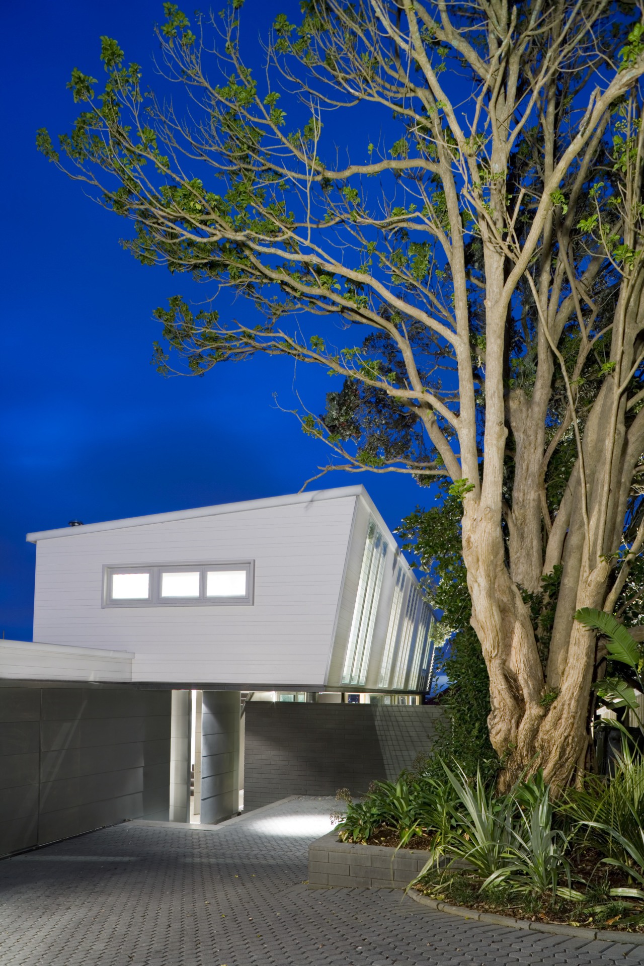 Exterior view of contemporary home architecture, branch, daytime, facade, home, house, plant, residential area, sky, tree, woody plant, blue