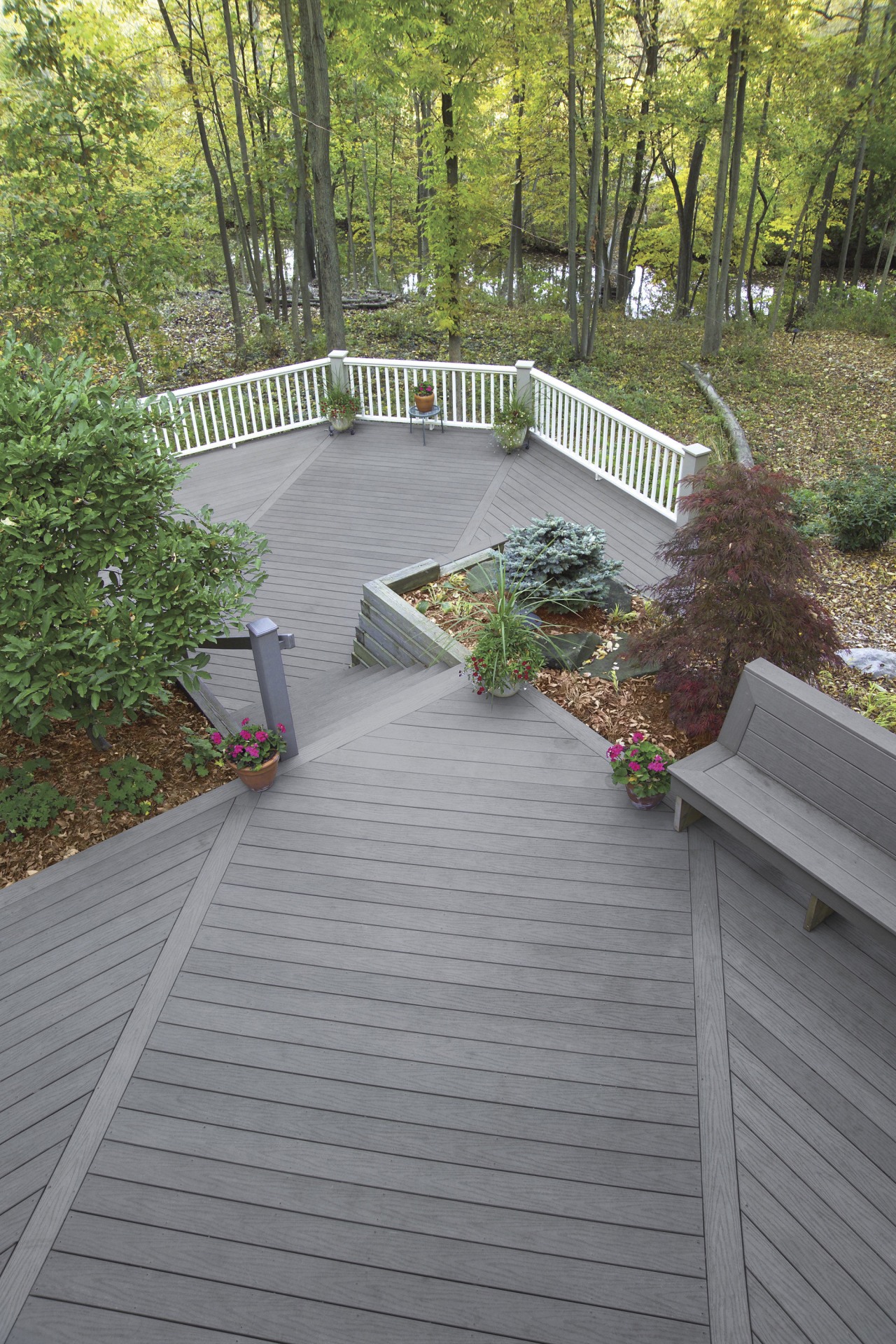 Decking back yard birds eye view backyard, deck, landscaping, outdoor structure, path, patio, road surface, roof, tree, walkway, wood, gray