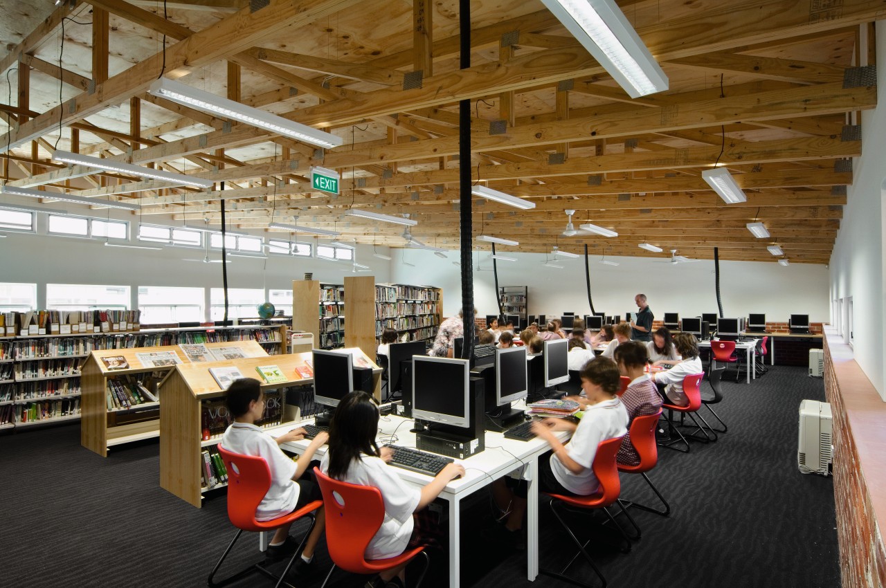 View of Williamstown High School in Melbourne. Designed institution, library, library science, office, organization, public library, brown, black