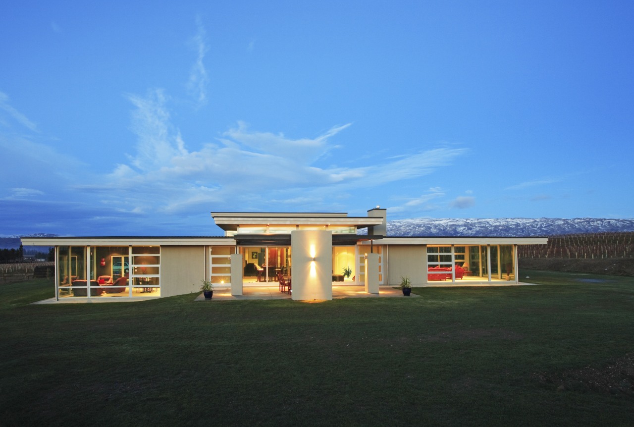 A view of a home designed by Gary architecture, cloud, estate, facade, home, house, property, real estate, roof, sky, teal, black