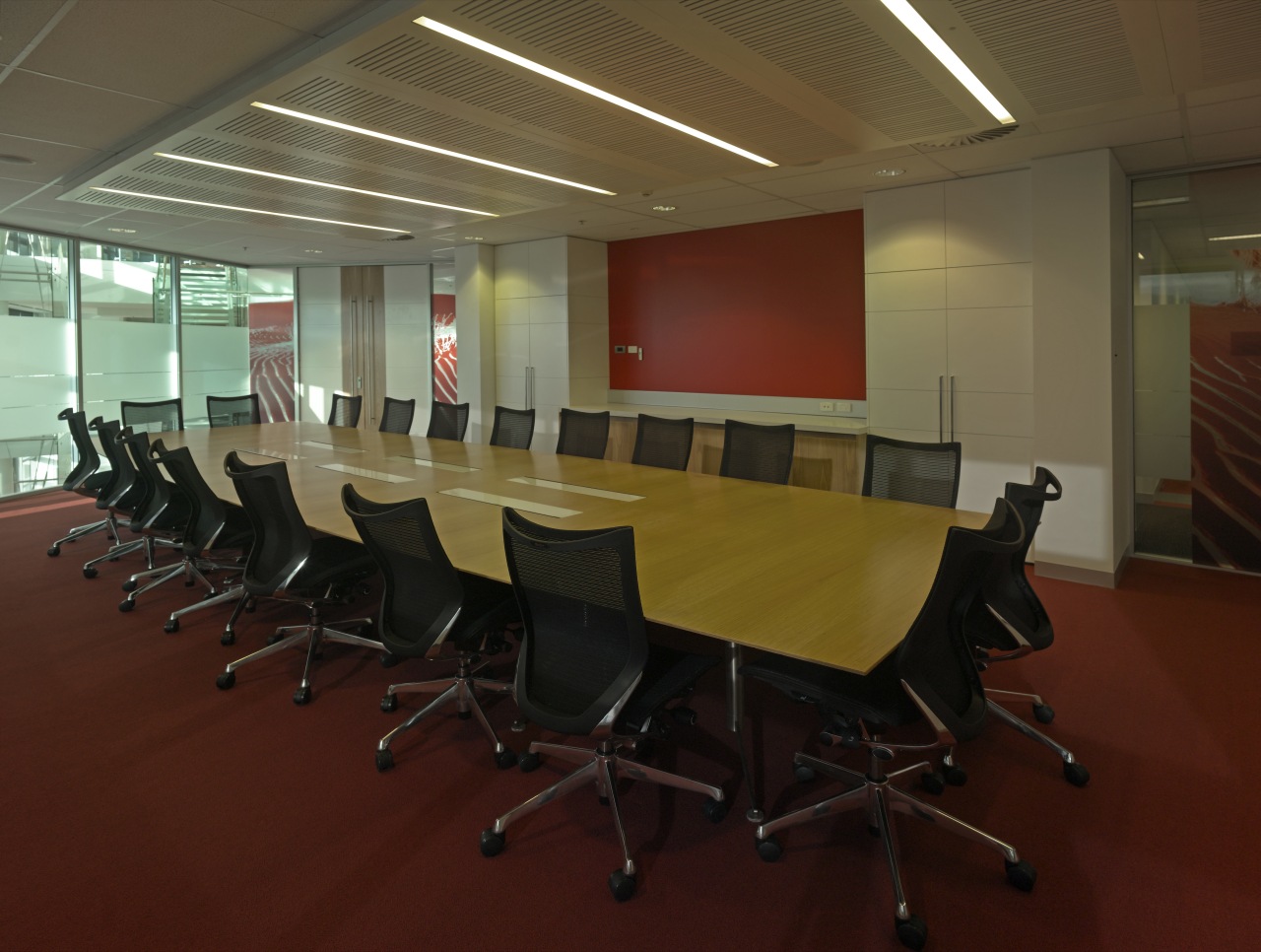 18 Marcus Clarke urban themed meeting room auditorium, conference hall, desk, flooring, furniture, interior design, office, table, red, brown