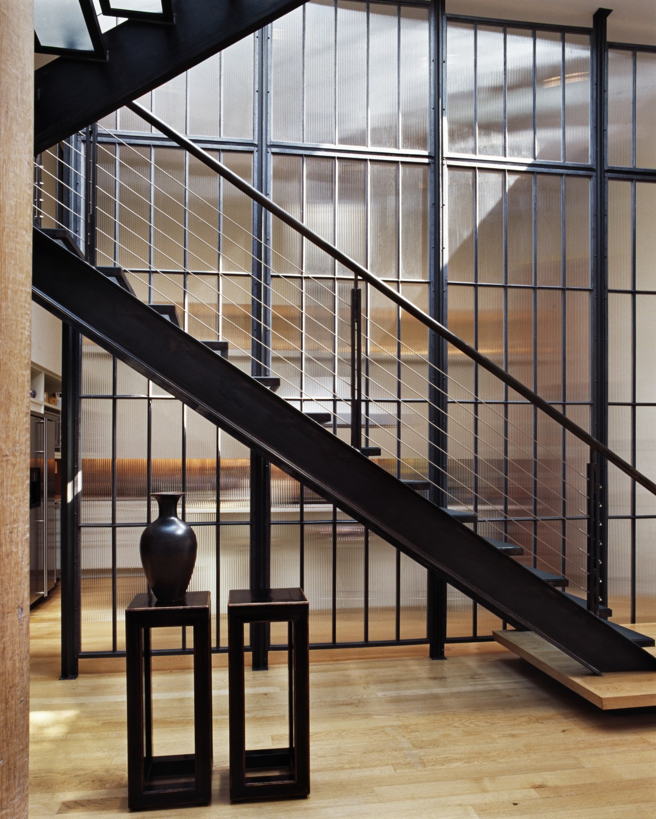 Part of the roof was replaced by a architecture, baluster, building, daylighting, glass, handrail, iron, stairs, black