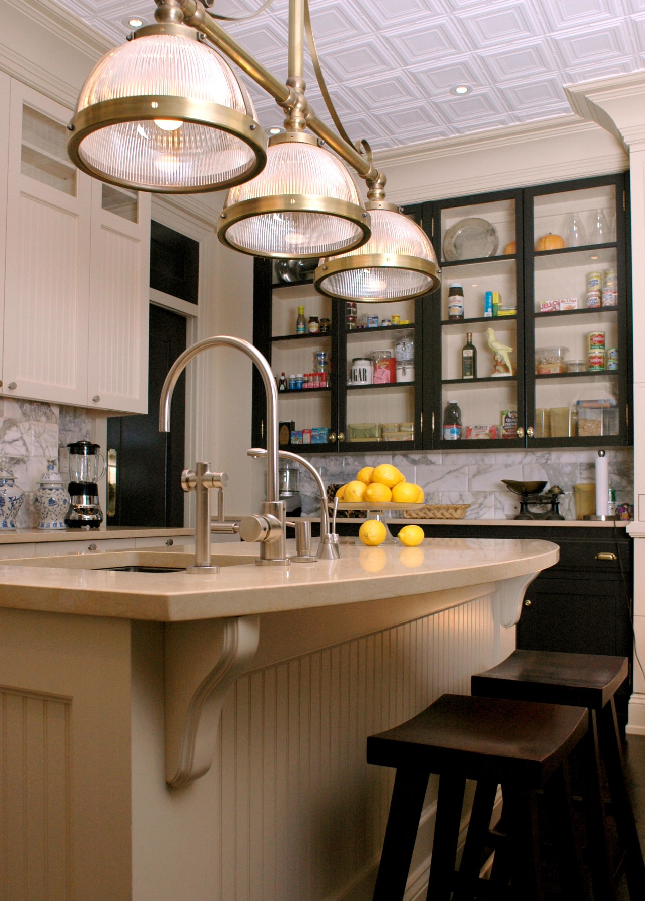 view of kitchen showing lights, cabinetry, countertop, sink cabinetry, ceiling, countertop, cuisine classique, interior design, kitchen, gray, brown