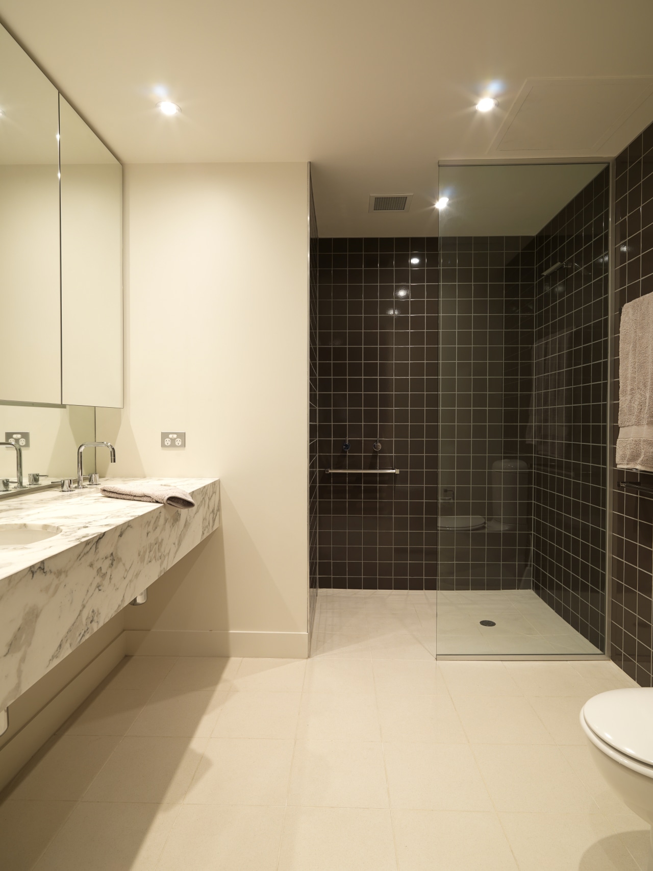 View of bathroom featuring marble vanity, taps and bathroom, ceiling, floor, flooring, interior design, property, real estate, room, tile, wall, orange, brown