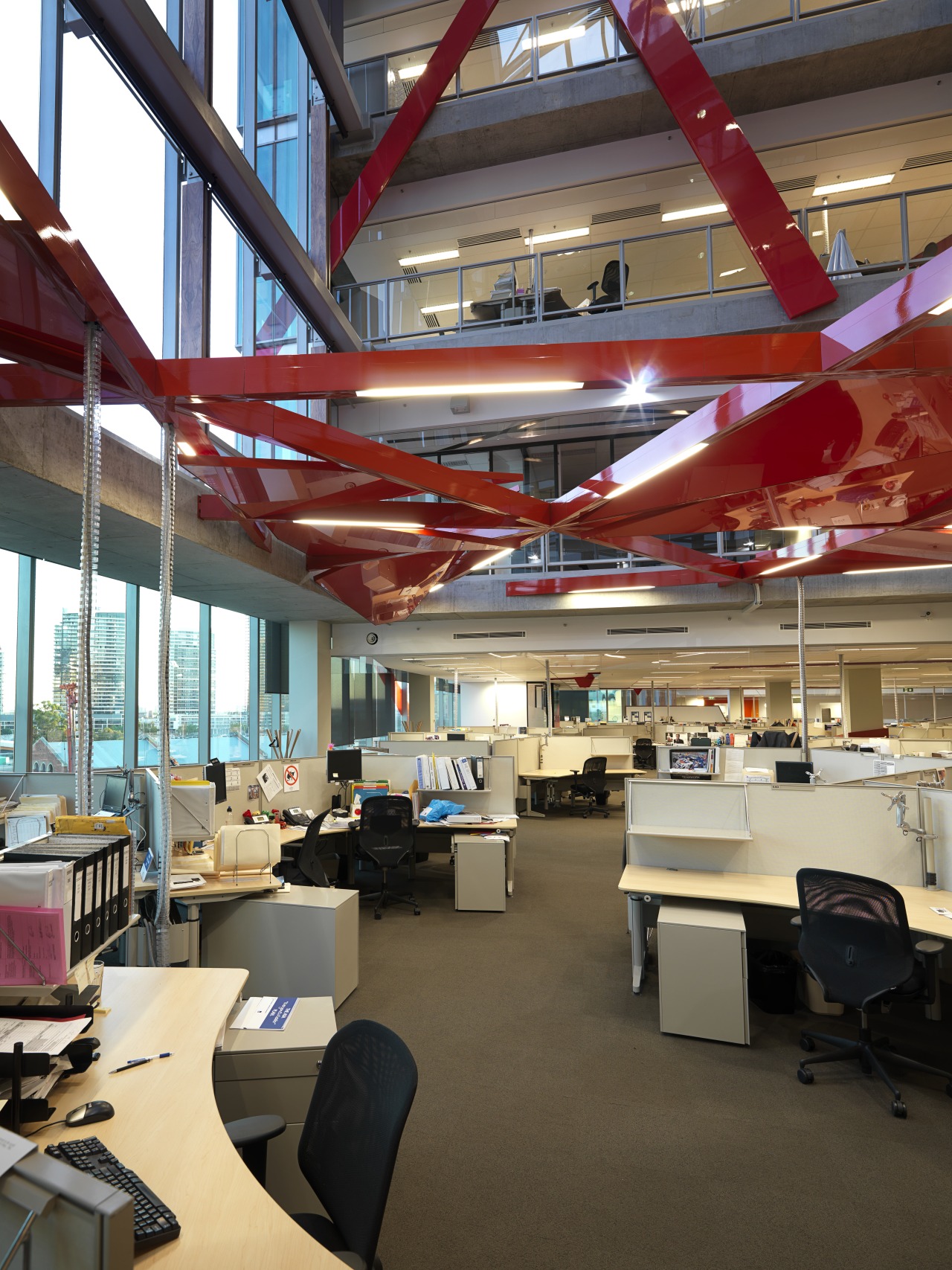 Interior and exterior signage and the architectural feature ceiling, daylighting, institution, interior design, office, black