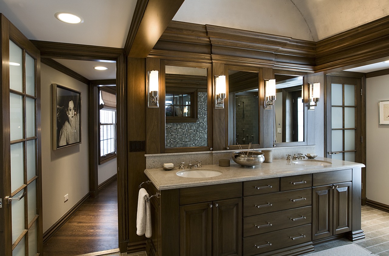 View of the master bathroom suite that features bathroom, cabinetry, countertop, cuisine classique, interior design, kitchen, room, brown, gray