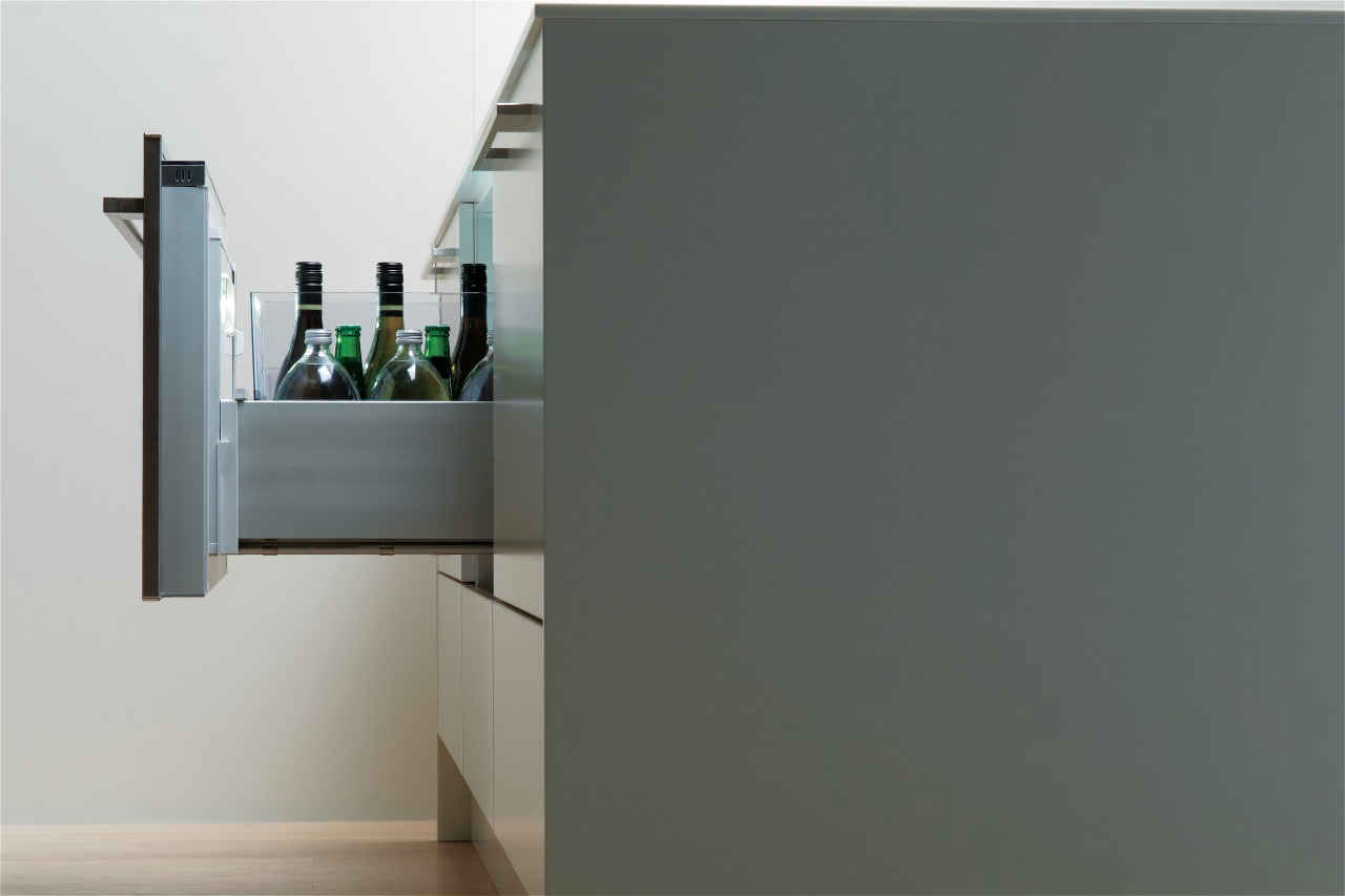 The new modular Fisher &amp; Paykel CoolDrawer allows furniture, product design, shelf, shelving, gray