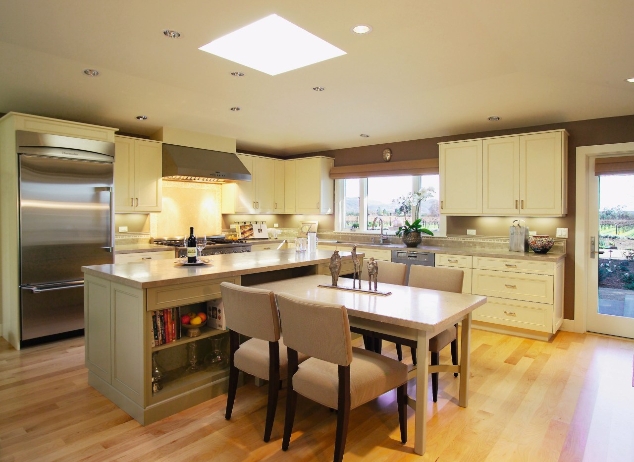 Pale yellow contemporary kitchen cabinetry, countertop, cuisine classique, flooring, interior design, kitchen, real estate, room, orange, brown