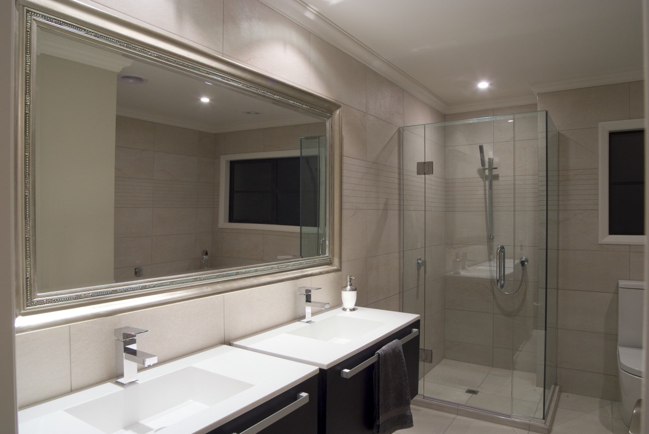 Contemporary bathroom inside masonry home designed and built bathroom, home, interior design, property, real estate, room, gray