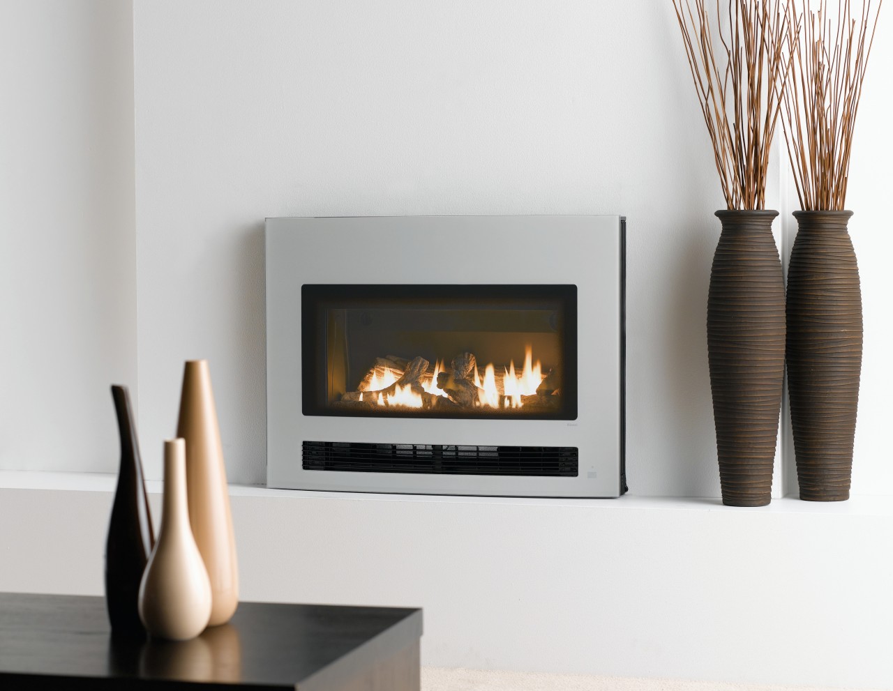 view of gas fireplaces by Rinnai. fireplace, hearth, heat, home appliance, product, product design, wood burning stove, white