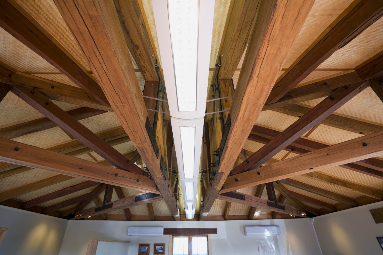 Recycled hardwood beams and timber mouldings can transform architecture, beam, ceiling, daylighting, line, lumber, roof, structure, symmetry, wood, brown