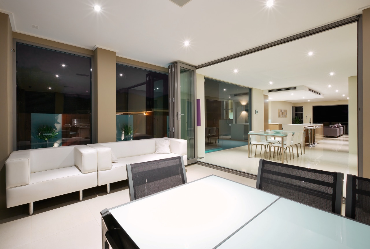 Open plan living area in contemporary home apartment, ceiling, interior design, living room, property, real estate, white