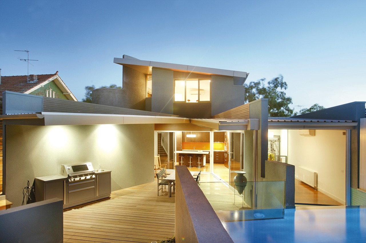 View of the outdoor living, from the swimmming apartment, architecture, elevation, estate, facade, home, house, property, real estate, residential area, roof, villa, teal