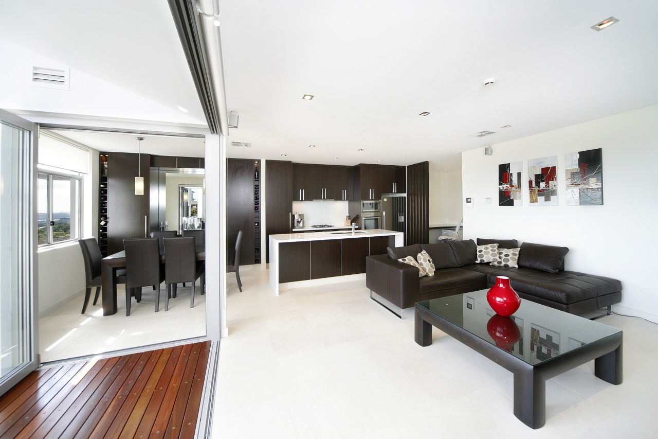 View of kitchen and living area, with kitchen interior design, living room, property, real estate, white