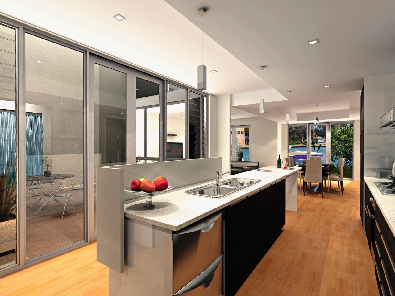 The waterline apartments are oriented to maximise north-facing countertop, house, interior design, kitchen, real estate, window, white