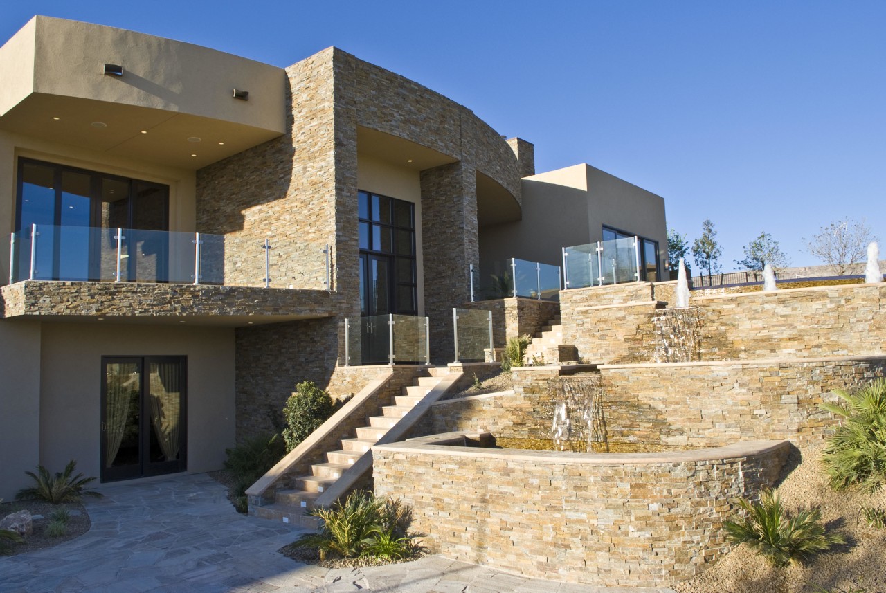 Back view house fountain stairs deck apartment, architecture, building, elevation, estate, facade, hacienda, home, house, property, real estate, residential area, villa, orange