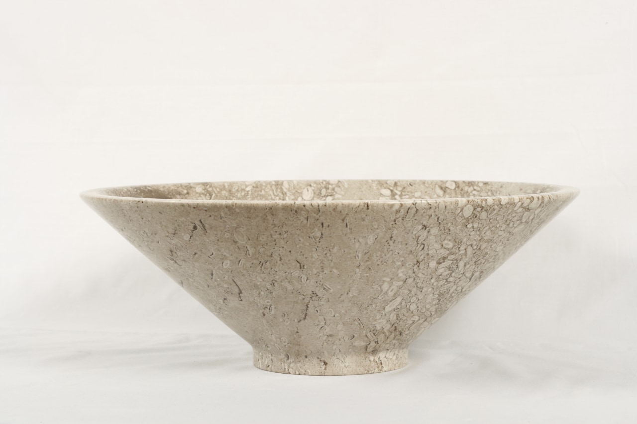 View of custom-designed stone vessel sinks crafted from bowl, ceramic, product design, tableware, white