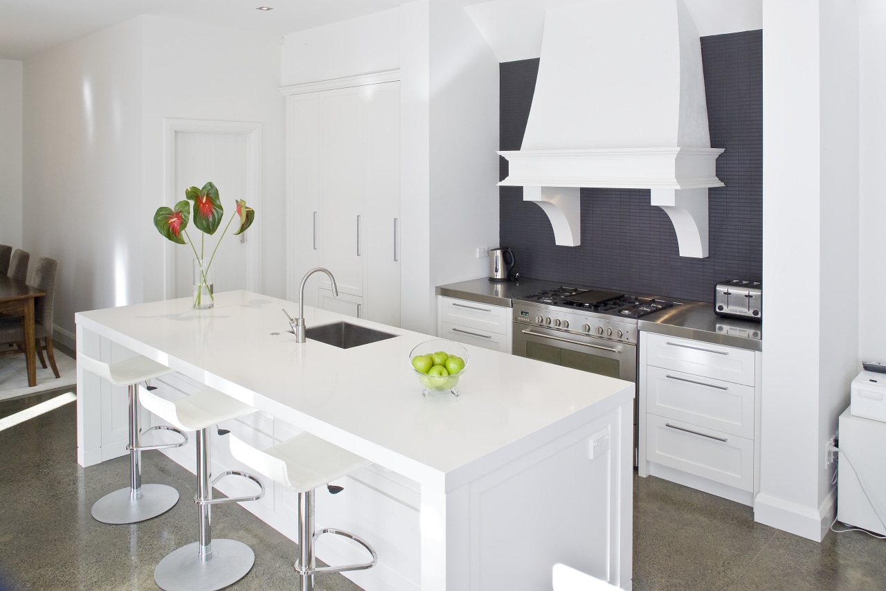 View of a modern styled kitchen which features countertop, cuisine classique, interior design, kitchen, room, white