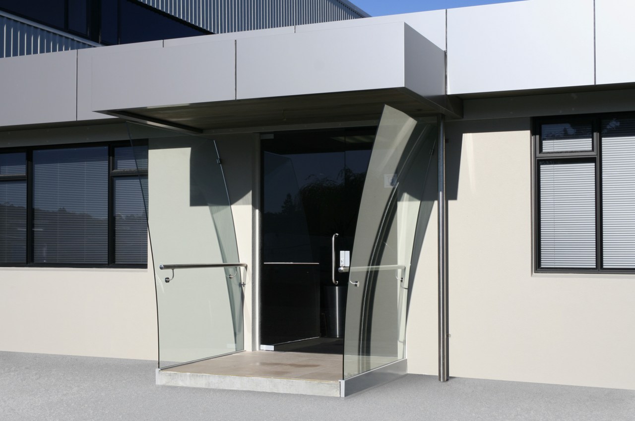 At Glasshape's head office, curved and toughend glass architecture, door, facade, house, property, white, black