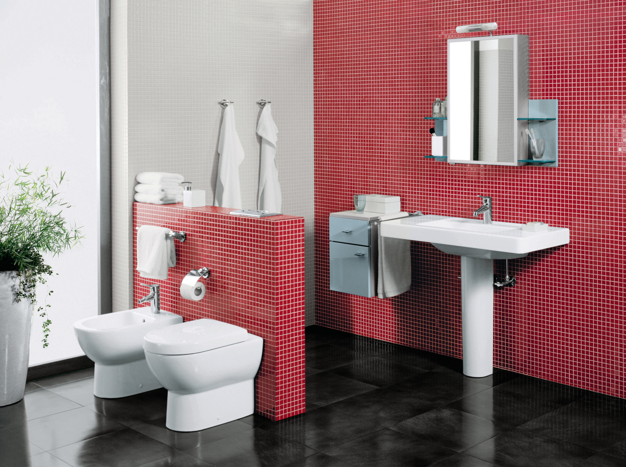 Villerory &amp; Boch's subway offers pared-back aesthetics suited bathroom, bathroom accessory, bathroom cabinet, bidet, ceramic, floor, interior design, plumbing fixture, product, product design, public toilet, tap, toilet, toilet seat, gray, red