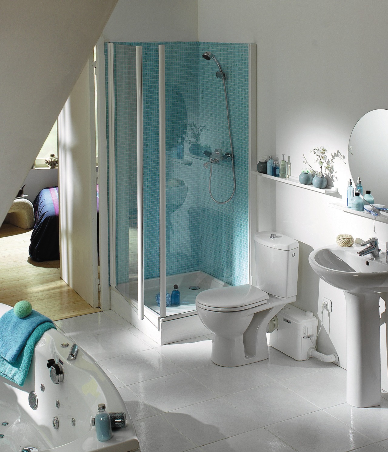 View of a bathroom which features a macerating bathroom, bathtub, floor, interior design, plumbing fixture, room, tile, gray