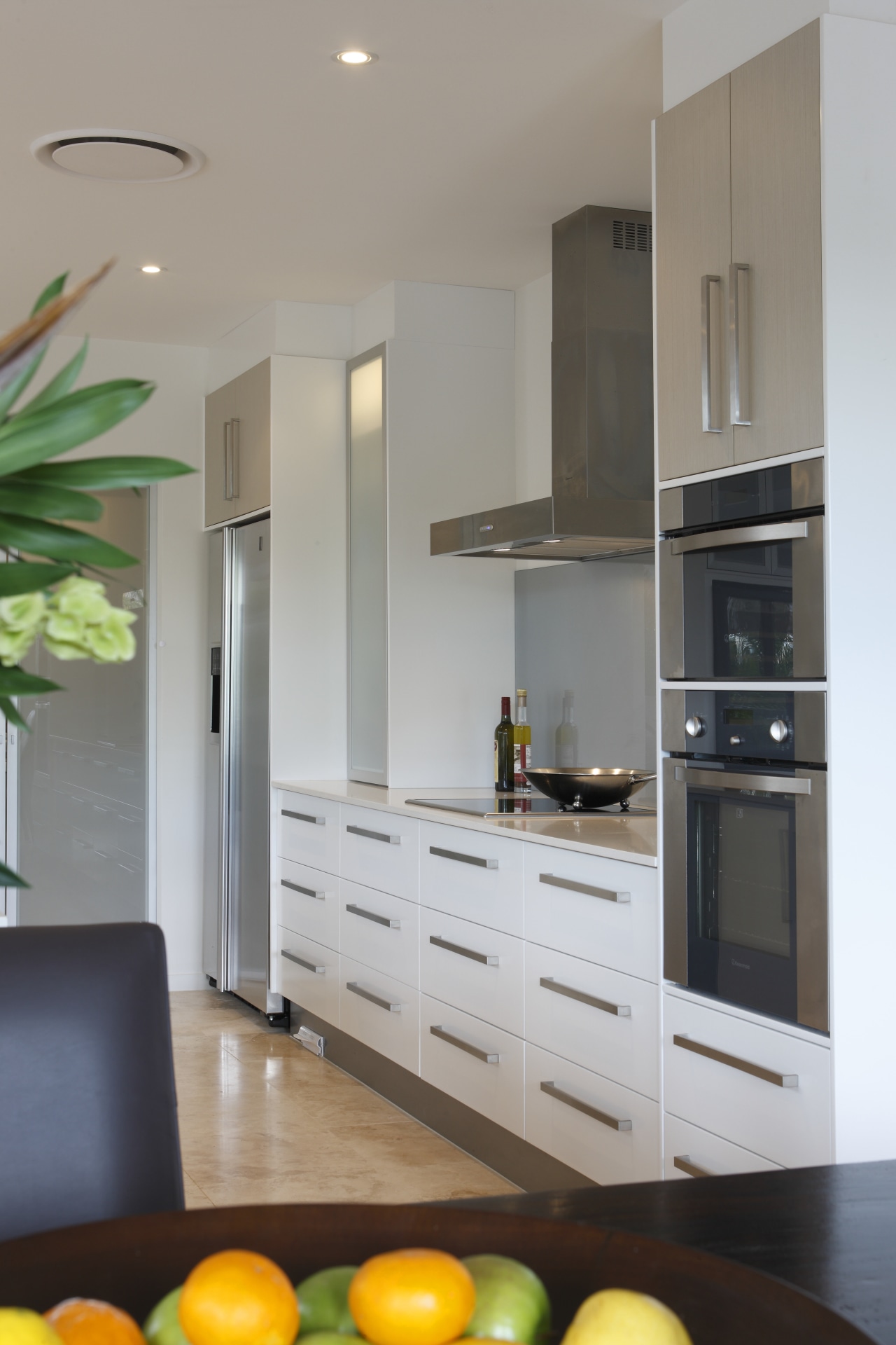 A steam oven, pyrolytic self-cleaning oven and an cabinetry, countertop, home appliance, interior design, kitchen, living room, room, gray