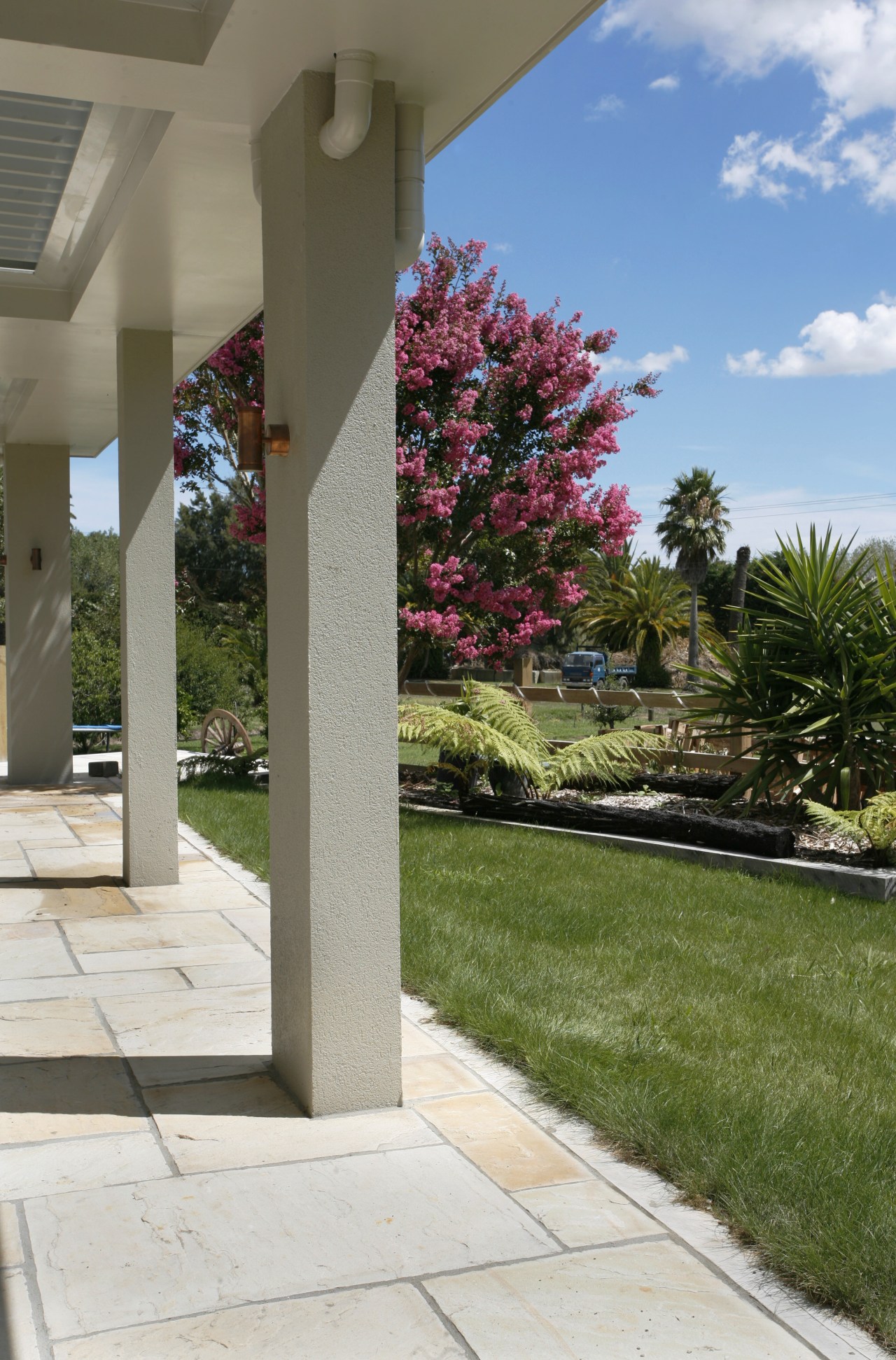 View of natural stone pavers supplied by Jagas architecture, estate, garden, grass, home, house, landscaping, outdoor structure, plant, property, real estate, residential area, structure, tree, walkway, brown, white