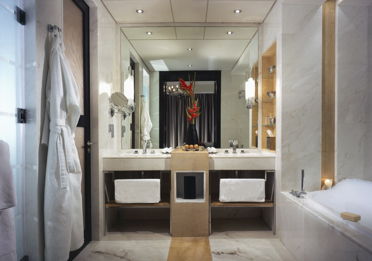 The Hotel Kempinski Dubai features 393 deluxe rooms bathroom, ceiling, interior design, room, gray