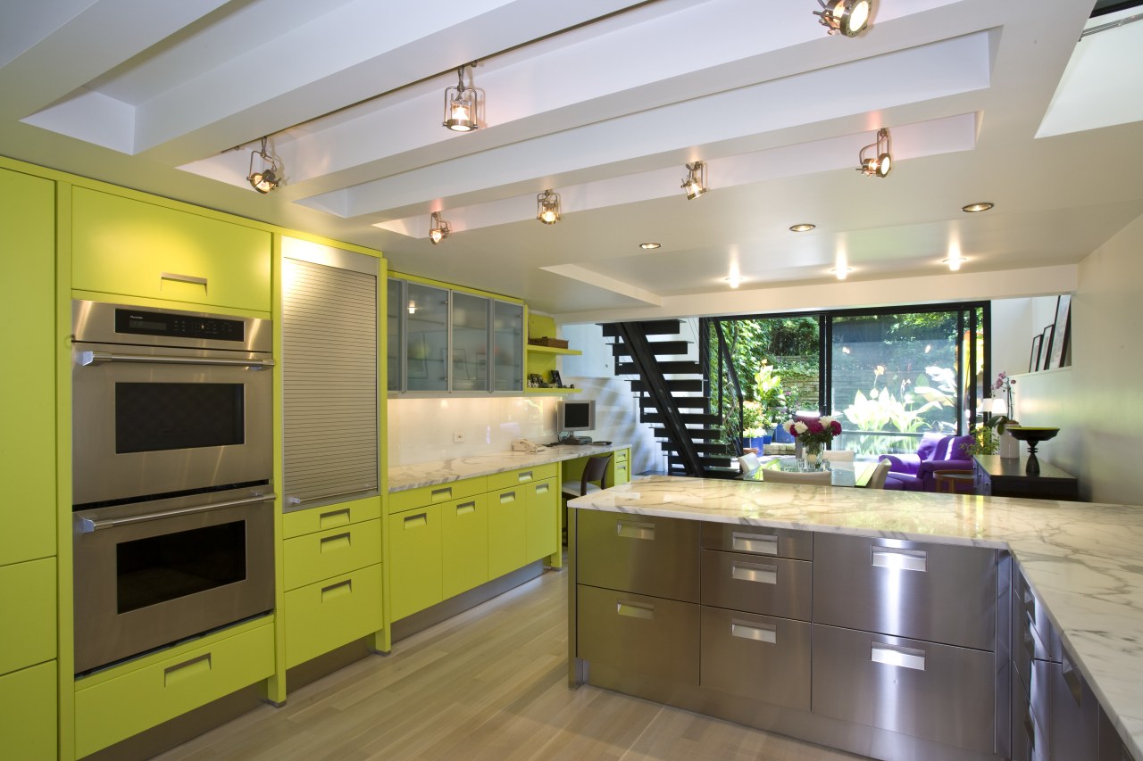 The grey-flecked marble counter is an intermediary between cabinetry, ceiling, countertop, interior design, kitchen, real estate, room, gray