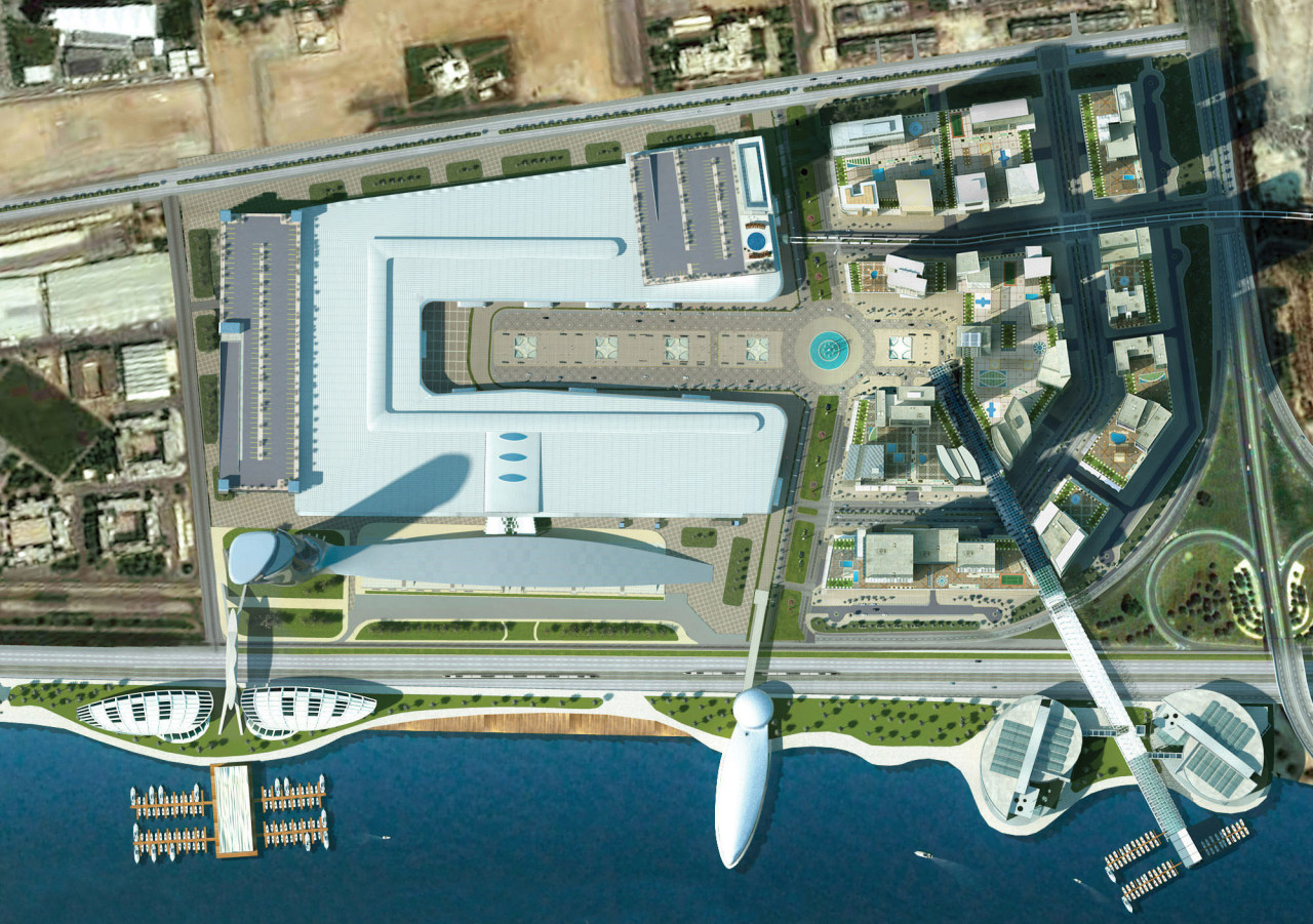 The U-shaped exhibition halls are positioned in the bird's eye view, metropolitan area, mixed use, urban design