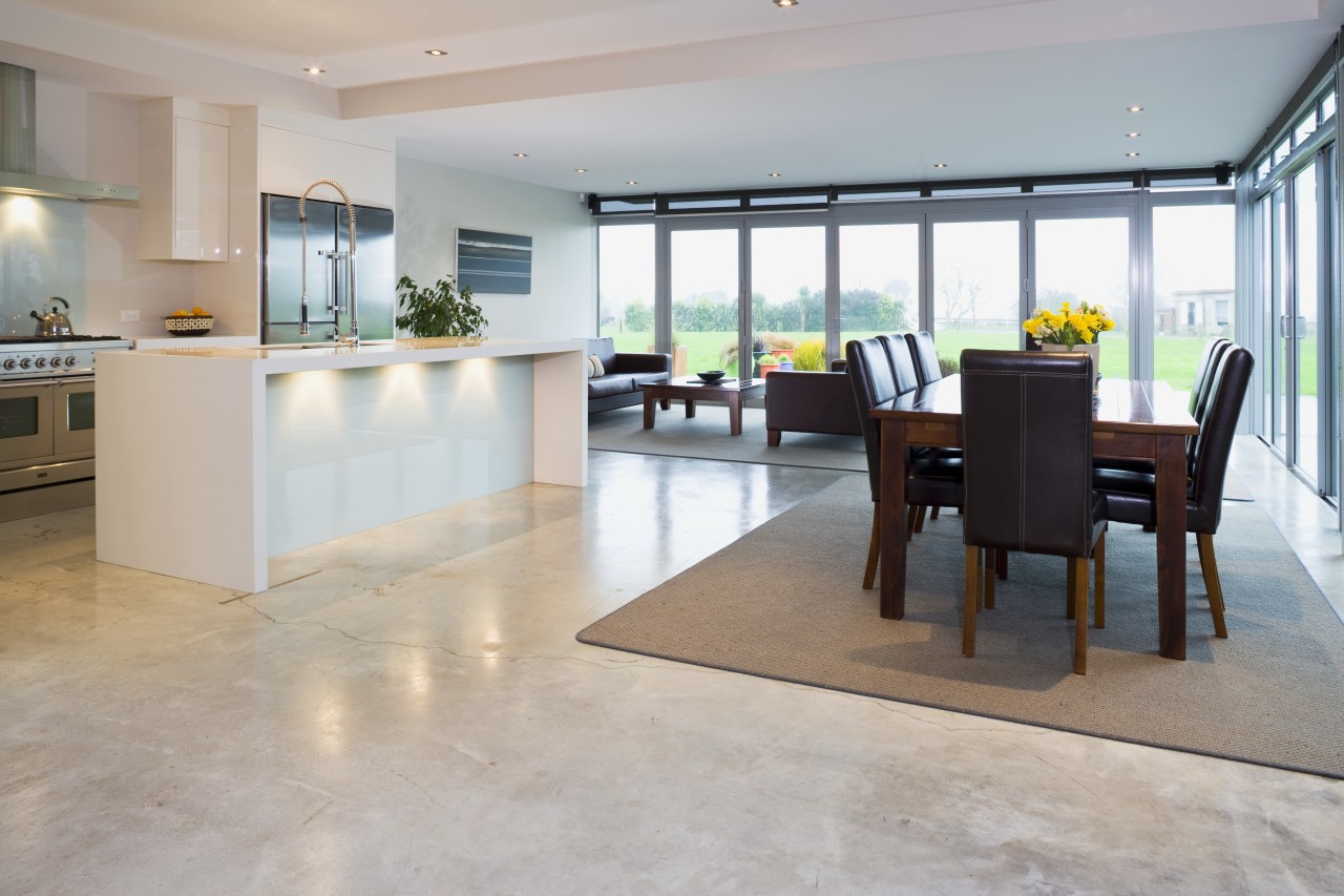 View of a kitchen which features underfloor heating floor, flooring, hardwood, interior design, laminate flooring, property, real estate, wood flooring, gray