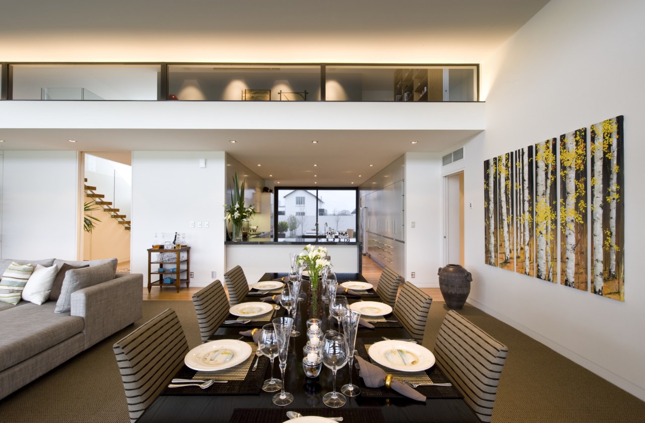 Stairs in the hallway lead up to the apartment, dining room, interior design, living room, property, real estate, gray, brown